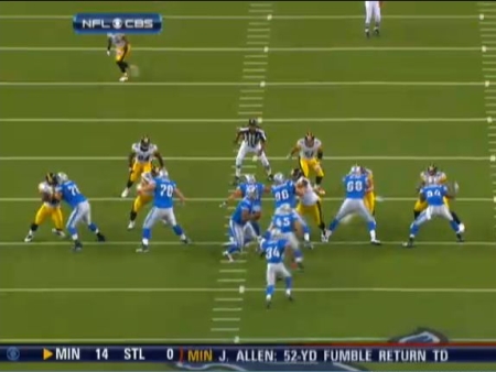 At the snap, you see both Lawrence Timmons and James Farrior freeze to see if it pass or run. LaMarr Woodley is engaged with Lions tight end Brandon Pettigrew, but will soon release to drop into coverage. You will also notice safety Tyrone Clark in the top left going back to help Ike Taylor in coverage of Dennis Northcutt.
