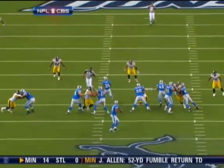 Timmons, Farrior and Woodley all sense pass now. Woodley has to hold the edge, Farrior does not see Felton still and both he and Timmons both break for running back Kevin Smith. In my opinion this is where Troy would have been at least breaking back into frame, whereas Carter is out of frame. In reality Farrior should likely have coverage on Felton.