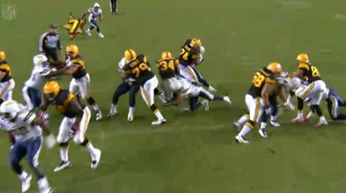 Weddle looks to have a pretty good attempt at a tackle here. Mendenhall sees plenty of day light.