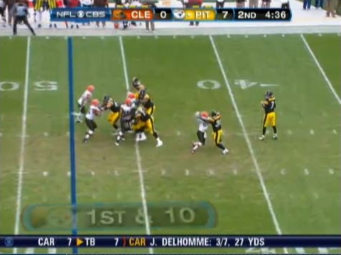 Adams tries to break to the left and Mendenhall walks him even further to left.