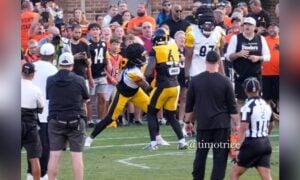 Najee Harris Patrick Queen backs on backers Friday Night Lights Steelers training camp
