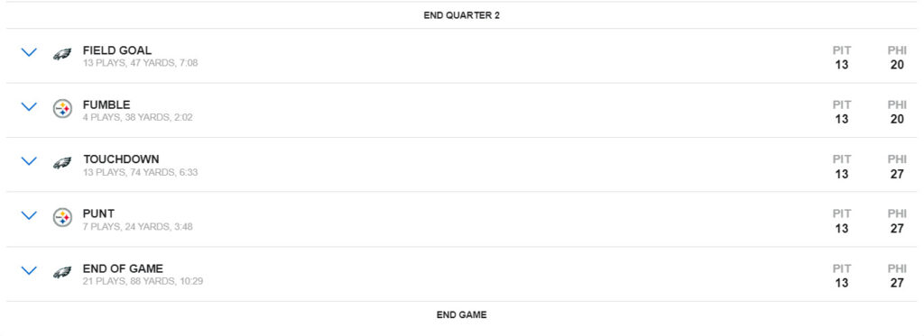 Time of possession steelers eagles